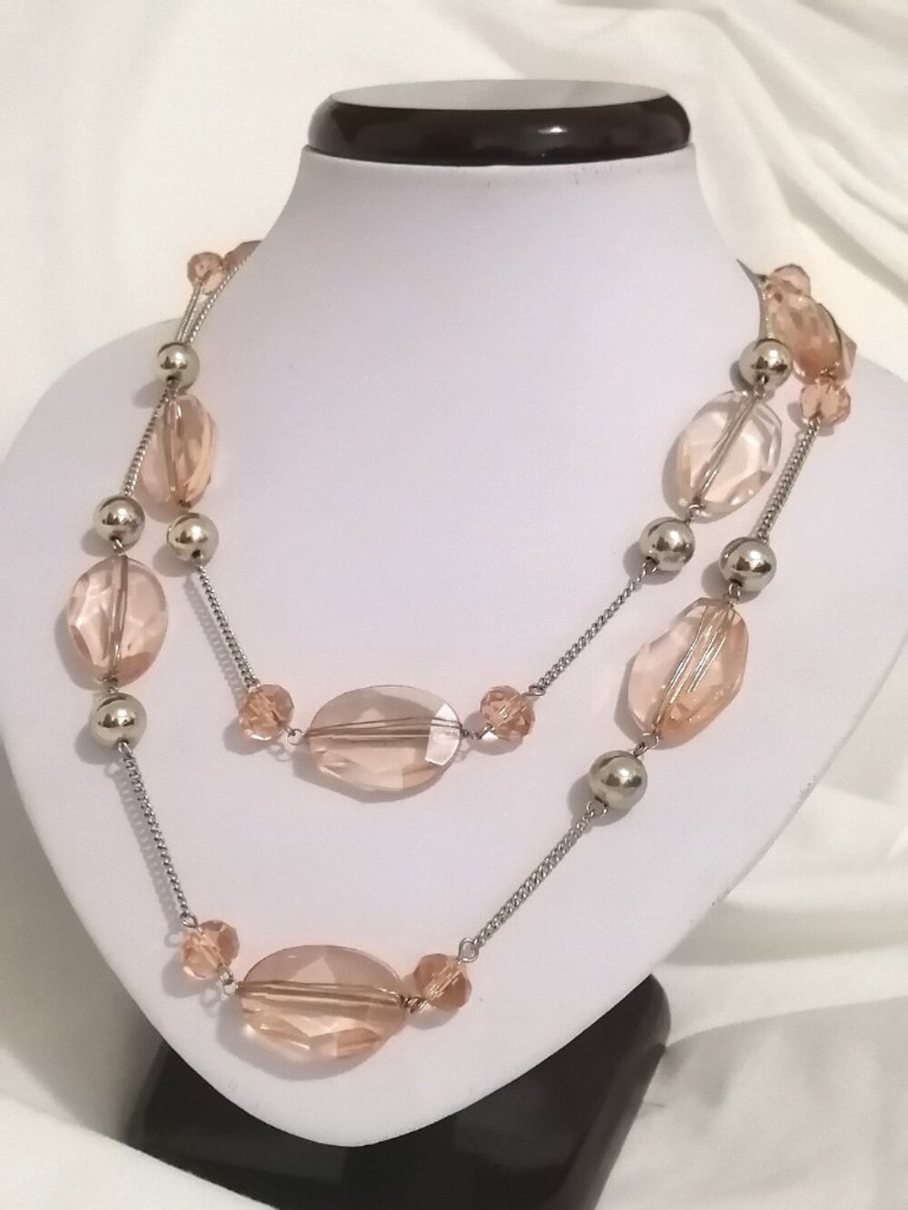 Vintage Silver and Peach Long Station Necklace